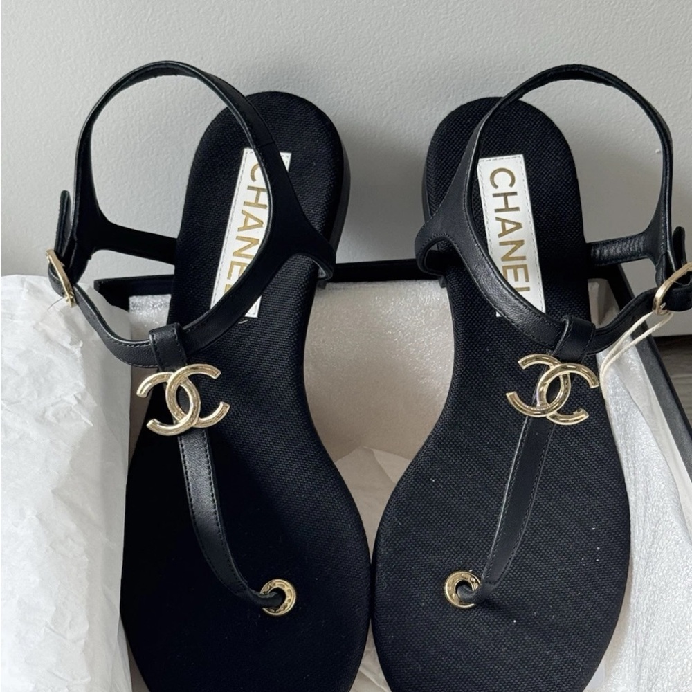 CHANEL Black T-Strap Sandals with Gold CC Hardware - Picture 4 of 7
